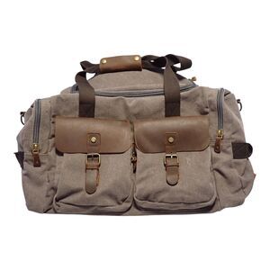 WOWBOX Duffel Bag Canvas Travel Weekender Gray Brown Leather Trim Large Carryall